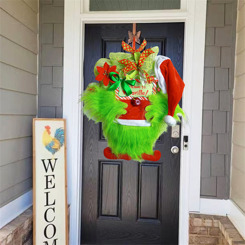 Ön kapı çiçek çelengi, Grinch yeşil kürk canavar tarzı simülasyon Noel dekorasyonu asılı süs_voghion.com