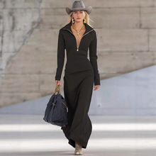 欧美跨境女装拉链POLO领秋冬修身长连衣裙女休闲长袖连衣裙