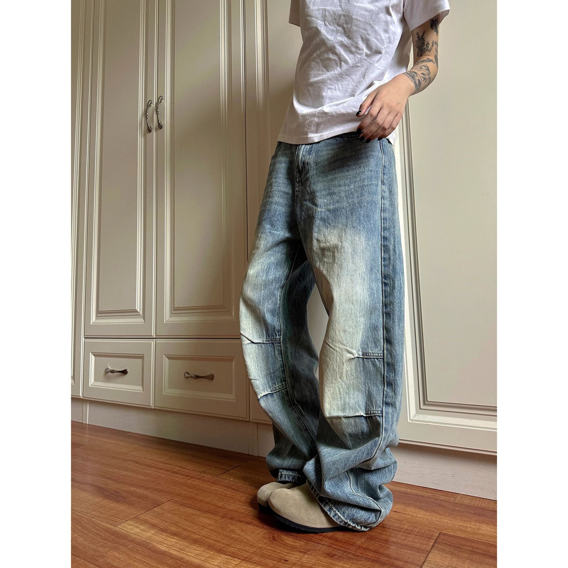 2024 Spring and Autumn New American Style Retro cleanfit Pleated Old Jeans Women's Wide Leg Straight All-match Pants