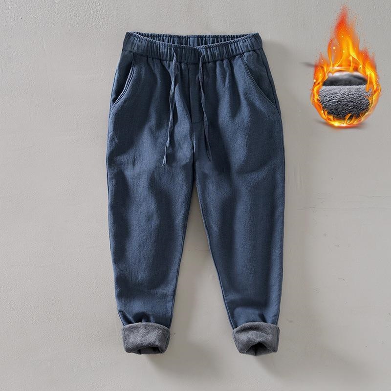 L8234 Warm Ramie Straight Leg Casual Cotton Pants for Men, Retro Loose Fit Fleece Lined Drawstring Long Pants, Dropshipping Available