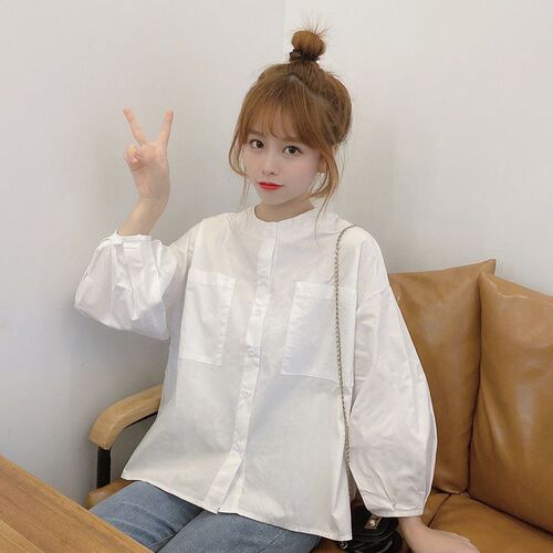 Spring Fresh Lantern Sleeve Loose Youthful Round Neck White Outer Long Sleeve Blouse Top Women's