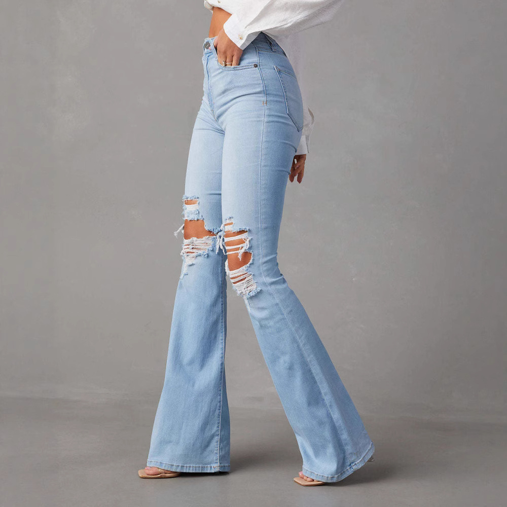 Venta directa de fábrica, nuevos jeans rotos de talle alto estilo europeo y americano para mujer, pantalones acampanados de estilo urbano, pantalones largos 2025