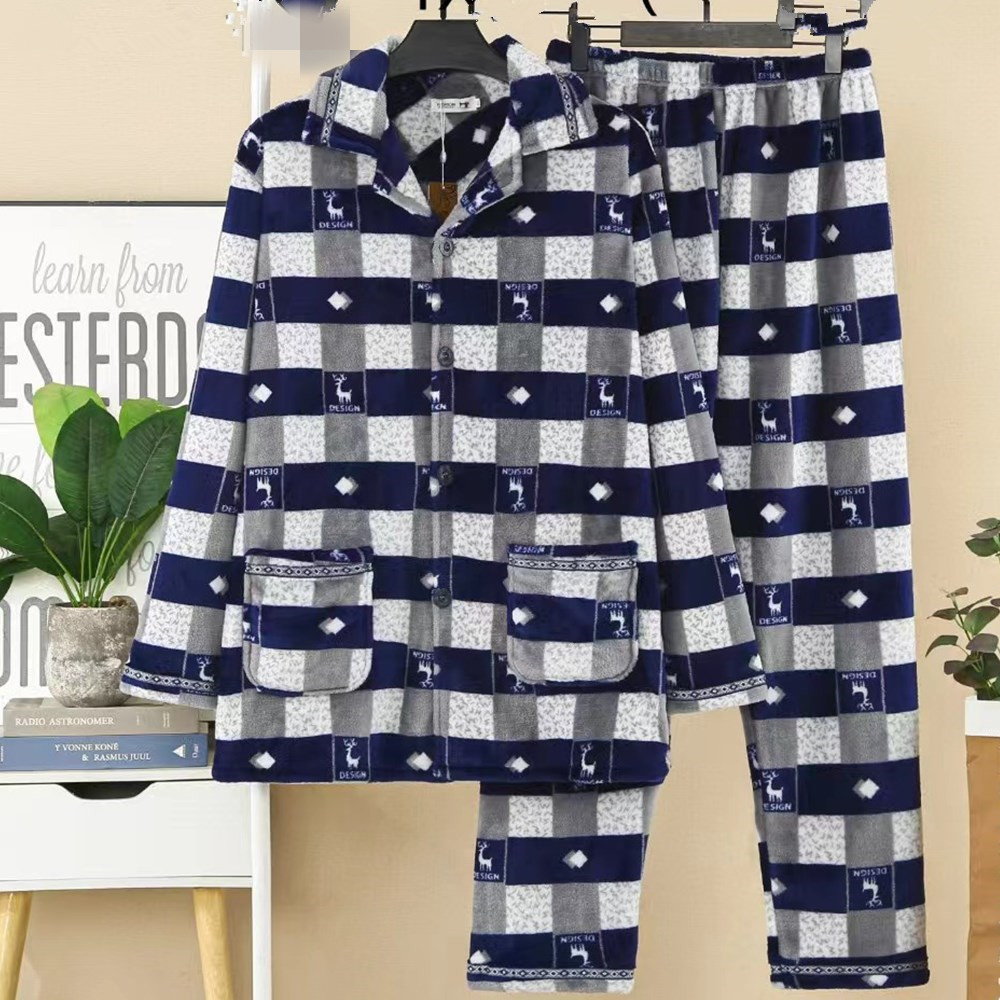 가을, 겨울 남성 잠옷 긴팔 중년 및 노인 남성 플란넬 가디건 겨울 두꺼운 따뜻한 캐주얼 홈웨어 세트