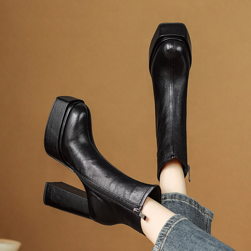 Boot nữ cổ cao ôm chân da dê mềm gót vuông đế xuồng 12.5 cm — Lớp lót nhung đen