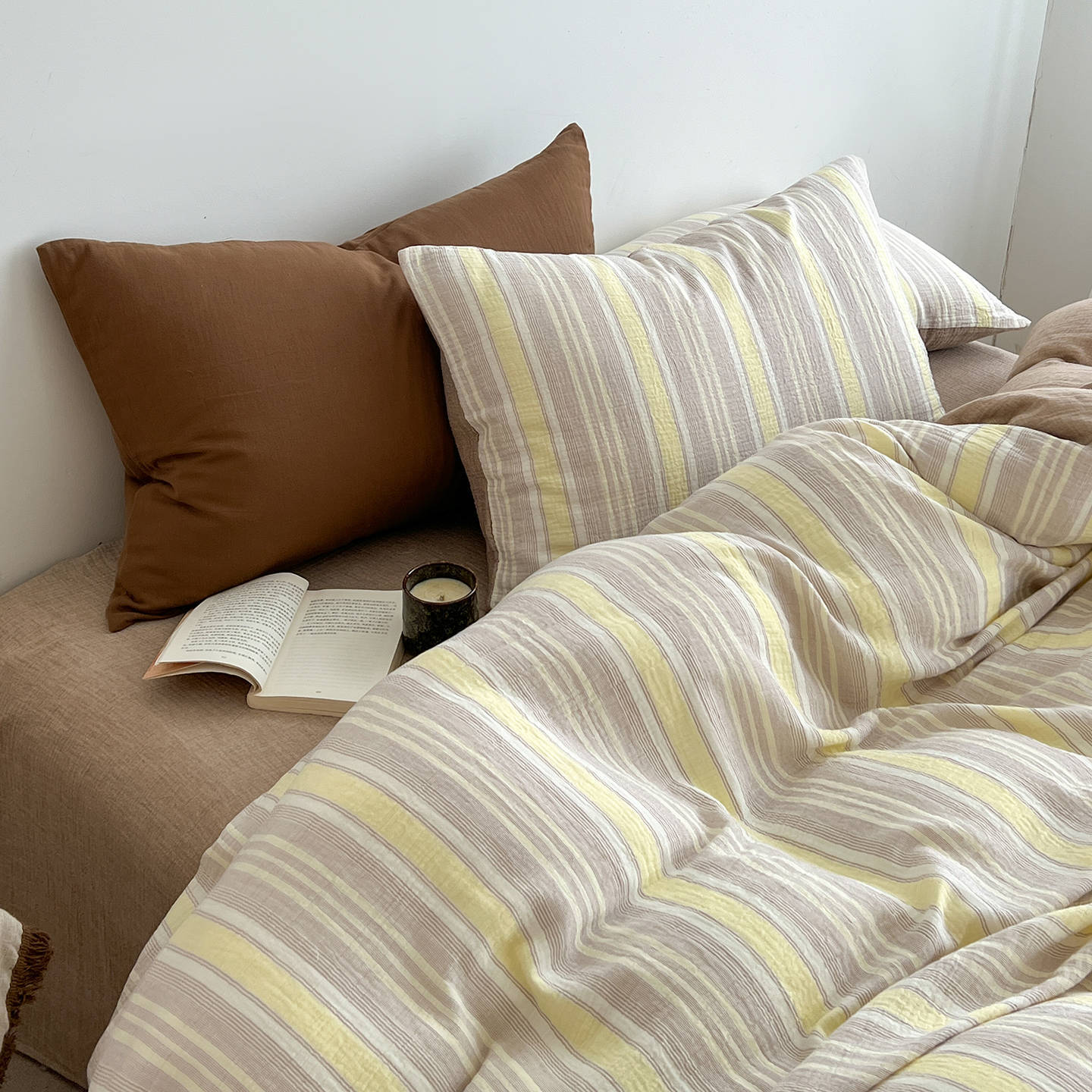 Cama a cuadros a rayas de algodón lavado de cuatro piezas, dormitorio de estudiantes de primavera y verano, sábana individual, funda de edredón, juego de tres piezas lavable a máquina