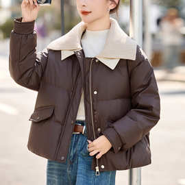 时尚针织翻领羽绒服女短款2025冬装新款加厚保暖减龄免洗pu皮外套