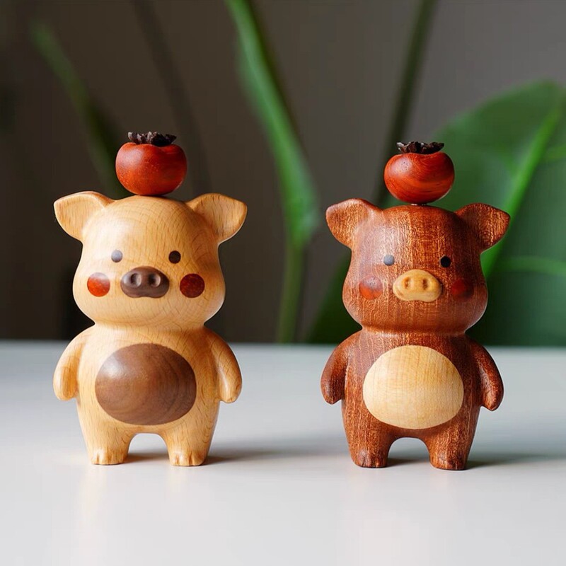 無垢材の豚柿、すべてがうまくいきます、デスクトップ装飾品、磁気柿つまようじ箱、かわいいクルミ装飾品|undefined