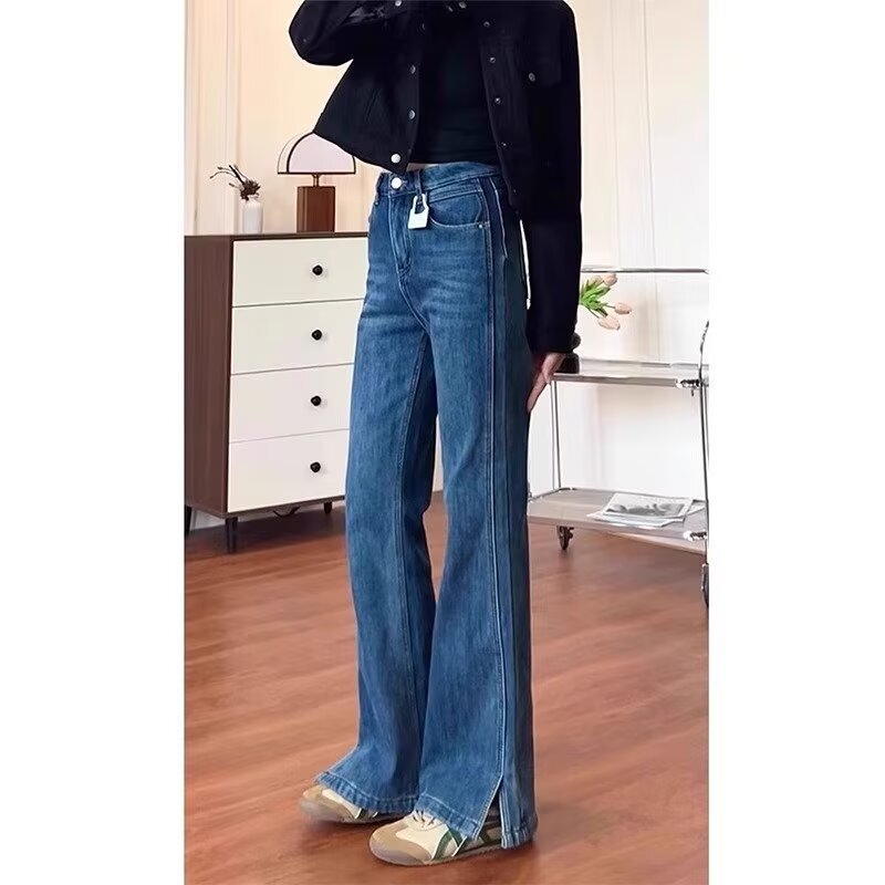 Side Slit Plus Size Fat mm Micro-Flared Jeans for Women Spring New Slimming Look Loose Retro Wide-Leg Pants Trendy