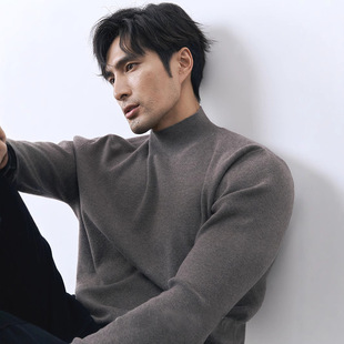 European Core-Spun Yarn Half-High Neck Sweater Men's Tough Guy Tight Stretch Long-Sleeved Sweater Modal Base Wool Sweater