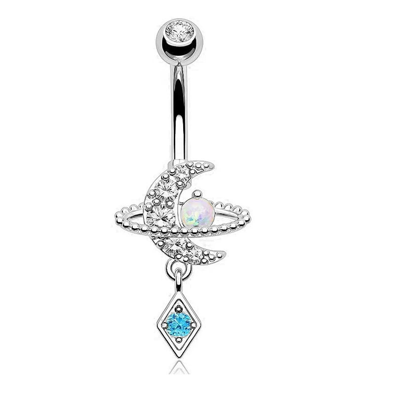 Piercing all'ombelico con pietra occhio di gatto super scintillante, intarsiato a mano e a forma di stella e luna, direttamente dalla fabbrica_voghion.com
