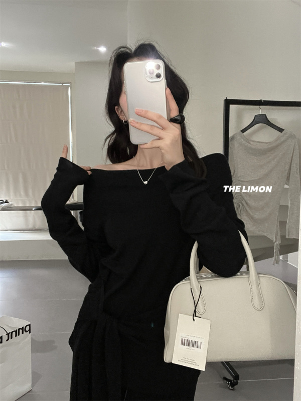 the limon柠檬绿茶2025秋季新款设计感系带露肩荡领针织衫女上衣|undefined