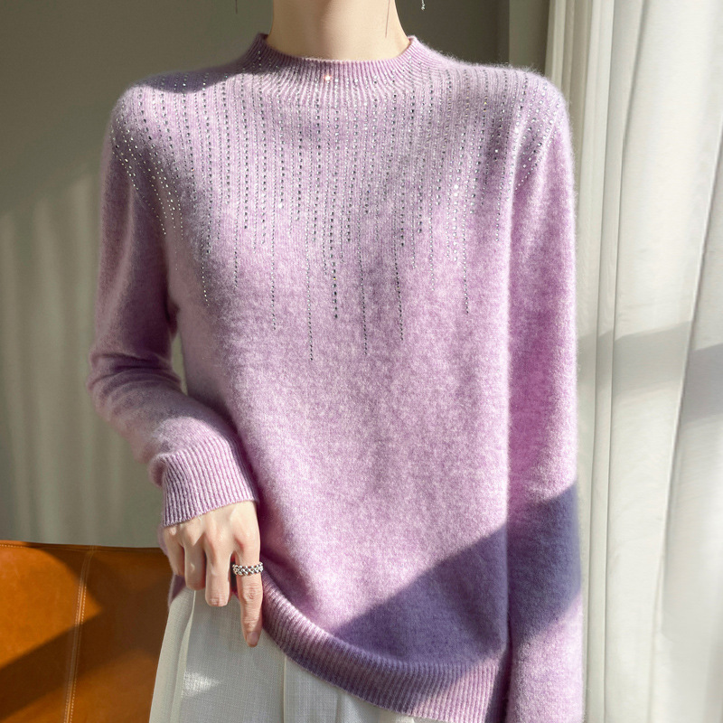 Otoño y invierno nueva ropa de primera línea de lana pura mujer rosca de diamante top medio alto base ocio viaje suéter de manga larga