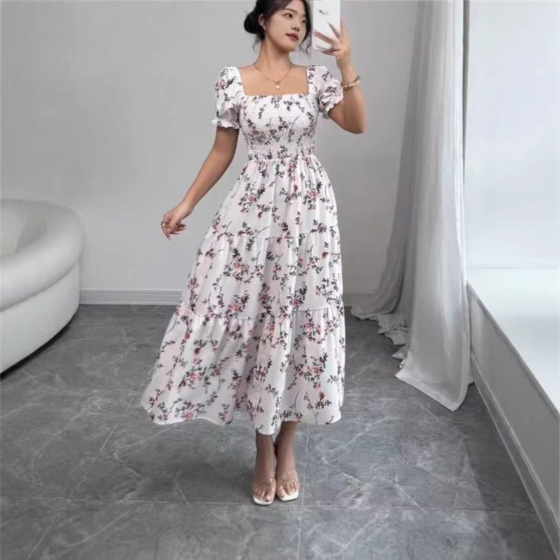 Cross-Border Foreign Trade 2026 New Summer European and American Style Printed Slim-Fit U-Neck Long Dress with a Large Hem Cross-Border Foreign Trade 2026 New Summer European and American Style Printed Slim-Fit U-Neck Long Dress with a Large Hem