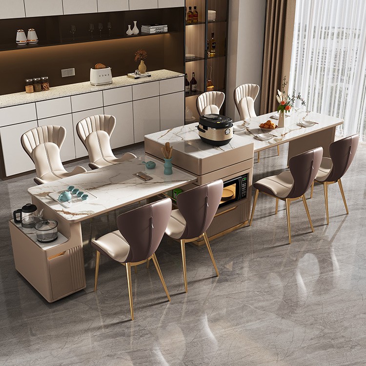 Mesa de mesa de isla de losa de lujo ligero, mesa de comedor, mesa de té giratoria retráctil integrada, mesa de té con cocina de inducción, barra de cocina, mesa de guía y mesa de comedor