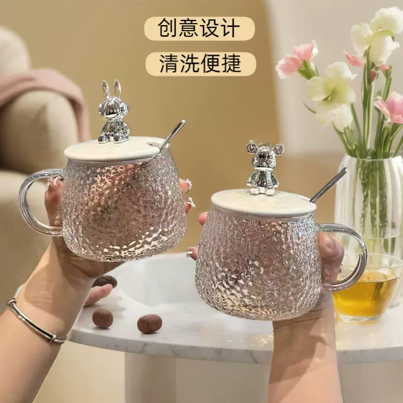 网红小熊马克杯可爱带把手咖啡玻璃杯创意杯子玻璃水杯家用花茶杯