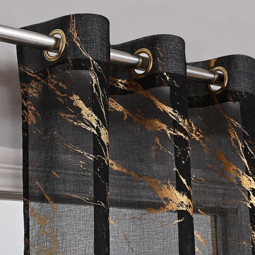 TEMU dropshipping Full Multilayer Gold-foil Marble Window Screen with Grommets Semi-Darkening Curtain Sheer