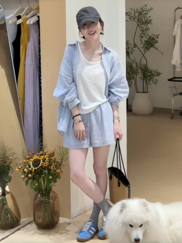 大方得体穿搭一整套夏季韩系慵懒休闲防晒长袖衬衫背心短裤三件套|undefined