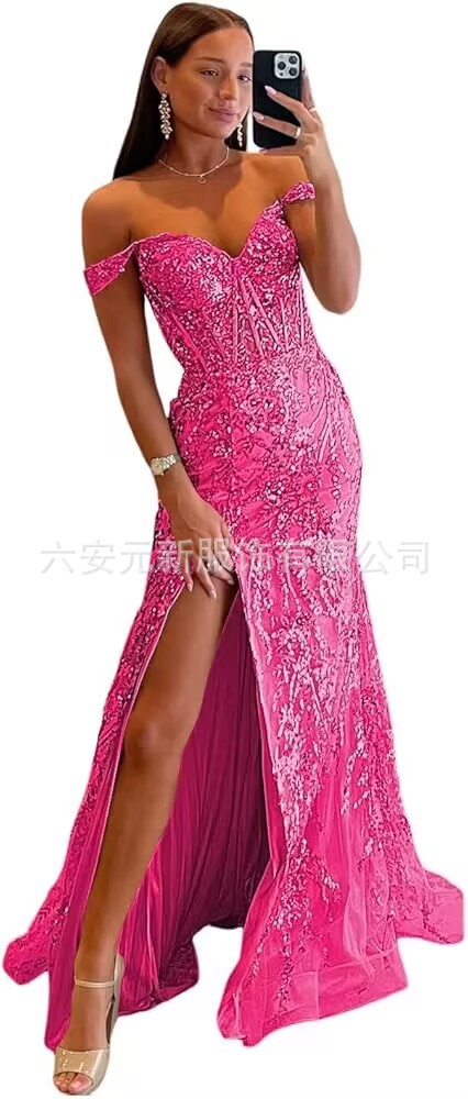 Comercio exterior europeo y americano Amazon hombro abierto vestido de baile largo de diafragma de encaje decal de mujer vestido de noche de cola de pescado