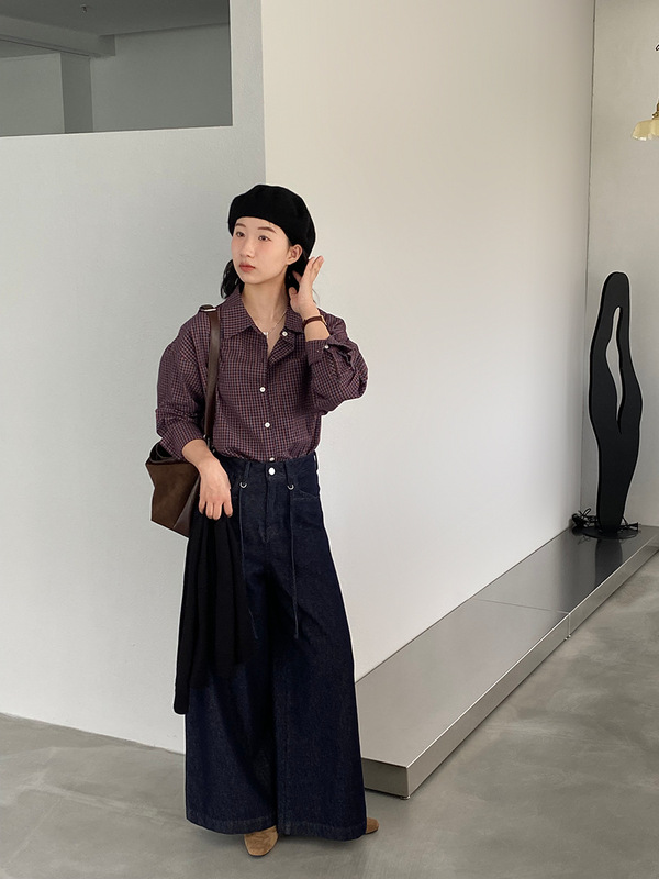 江左 休闲长袖格子衬衫女秋季新款全棉复古格纹挺括衬衣 1682|undefined