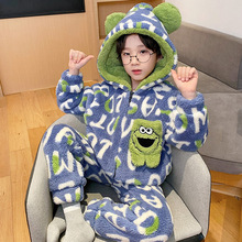 法兰绒男童连帽拉链睡衣秋冬长袖儿童家居服加厚保暖中大童珊瑚绒