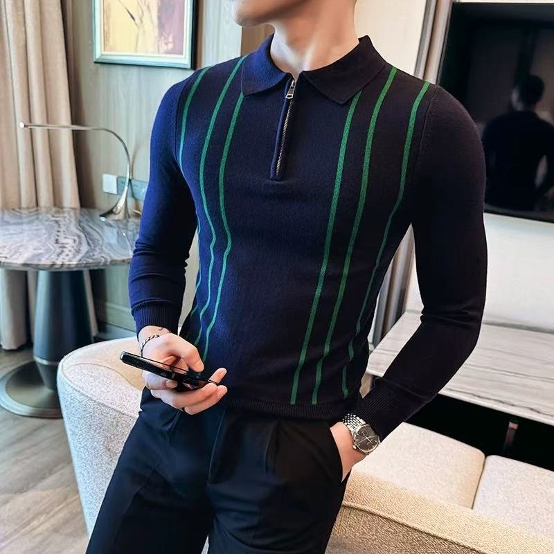 Schmal geschnittener Polo-Strickpullover für Herren mit halbem Reißverschluss und Streifenmuster – atmungsaktiv, dehnbar und maschinenwaschbar – Business-Casual-Pullover_voghion.com