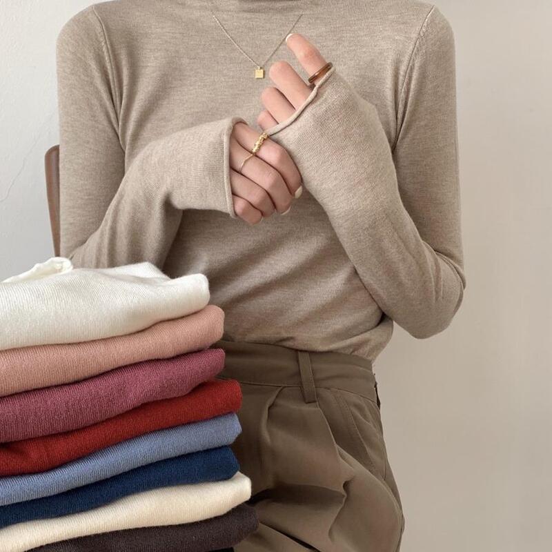 Real Shot of Autumn and Winter Korean Style Lazy Rolled Edge Pile Collar Knitted Bottoming Shirt with Slim High Collar Women's Sweater 91045 Real Shot of Autumn and Winter Korean Style Lazy Rolled Edge Pile Collar Knitted Bottoming Shirt with Slim High Collar Women's Sweater 91045