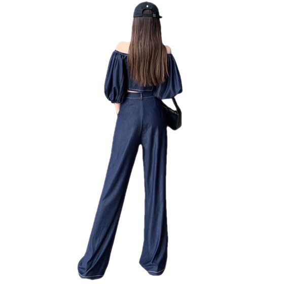 Japanese and Korean Wear Denim Suit Cross-border 2023 Personalized Design Off-shoulder Short Lantern Sleeve Top High Waist Wide Legs