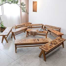 复古老榆木拼花长条凳家用换鞋凳侘寂风民宿实木棋盘格餐椅凳矮凳
