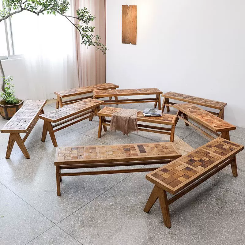 复古老榆木拼花长条凳家用换鞋凳侘寂风民宿实木棋盘格餐椅凳矮凳