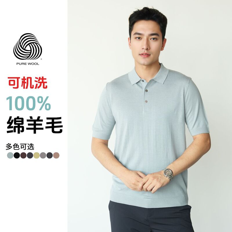 Autumn New Worsted Machine Washable Wool Sweater Men's Short-Sleeved Lapel T-Shirt Fine Knitted Half-Sleeved Polo Shirt for Men