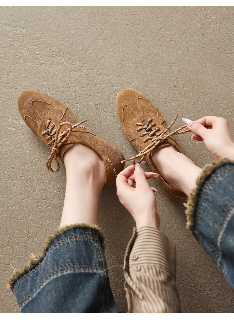 Giày sneaker nữ cổ điển mũi tròn chất liệu da lộn, đế tăng chiều cao, dây buộc — màu nâu chi tiết 10