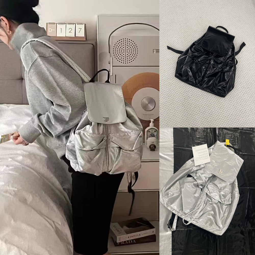 韩国小众品牌yeom休闲百搭尼龙亮面双肩背包轻便抽拉绳女网红直播