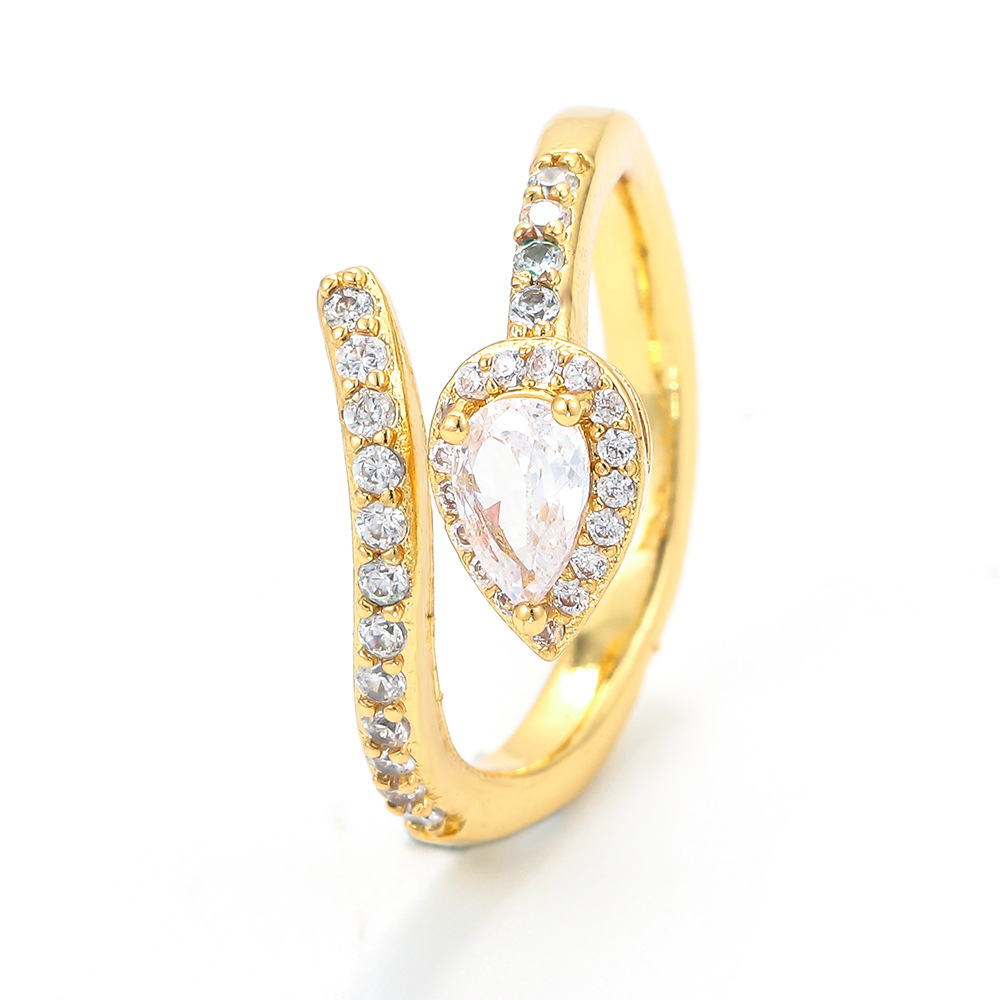 European and American New Gold Plated Water Drop Pear-Shaped Women's Ring with Micro Diamond Elegant ins Simple Platinum Ring for Women