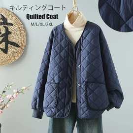 大码时尚简约菱形格V领夹棉棉服女冬季韩版宽松休闲洋气轻薄棉衣