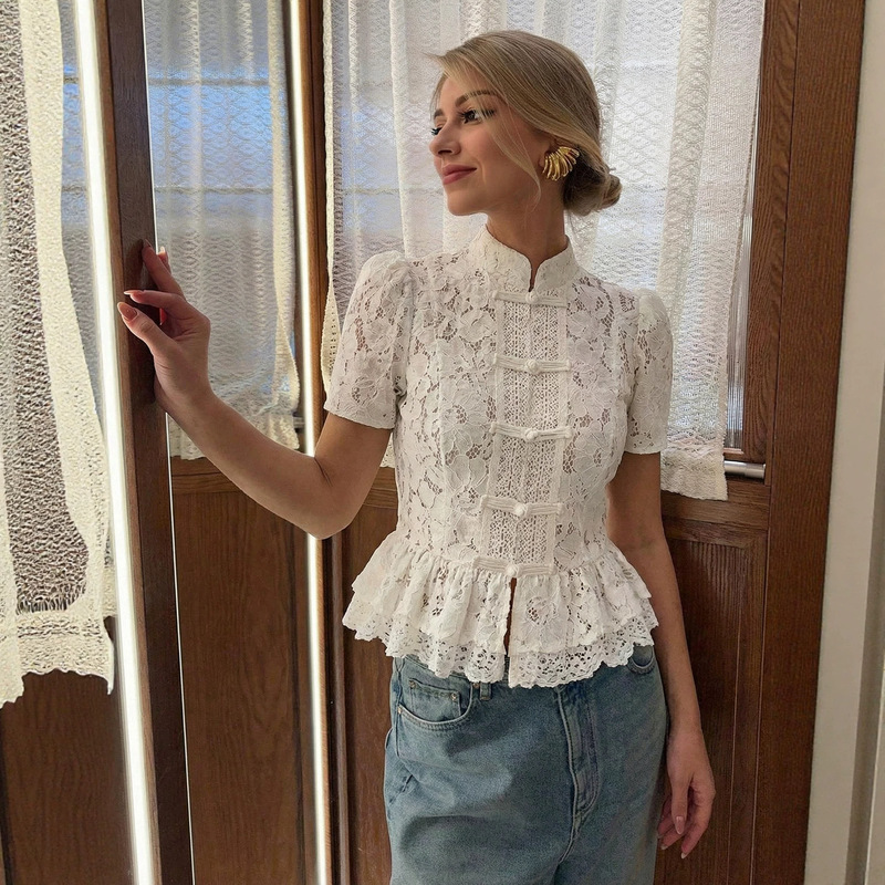 European and American Style Women's Lace Slim-Fit Cotton Shirt with a Stylish Lace Hem, Short-Sleeve Blouse, Overseas Warehouse European and American Style Women's Lace Slim-Fit Cotton Shirt with a Stylish Lace Hem, Short-Sleeve Blouse, Overseas Warehouse