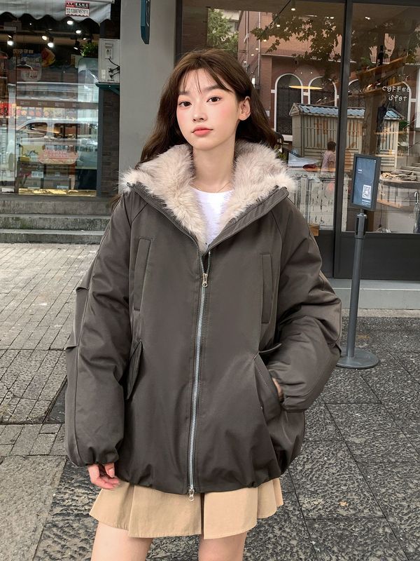 国潮座山毛绒连帽毛领棉服2025冬季设计感加厚时尚棉衣派克服外套|undefined