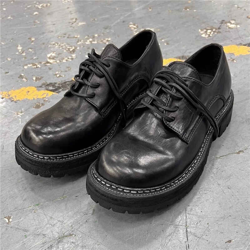 Black First-Layer Cowhide Thick-Soled Derby Shoes for Men 2025 New Niche Round-Toe Casual Versatile Work Clothing Leather Shoes Trend
