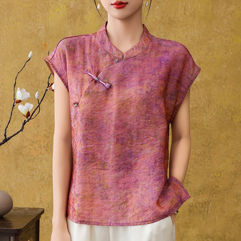 26Th Summer New Style New Chinese Style Satin Stand Collar Short-Sleeve T-Shirt for Women with Button Jacquard Loose Versatile Top 26Th Summer New Style New Chinese Style Satin Stand Collar Short-Sleeve T-Shirt for Women with Button Jacquard Loose Versatile Top