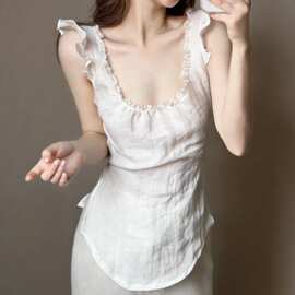 韩系ins蕾丝U领花边小飞肩背心女褶皱收腰修身显瘦纯欲内搭小上衣