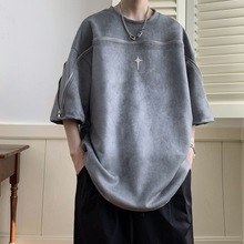 美式高街重磅麂皮绒刺绣短袖T恤男夏小众设计感宽松潮牌拉链半袖