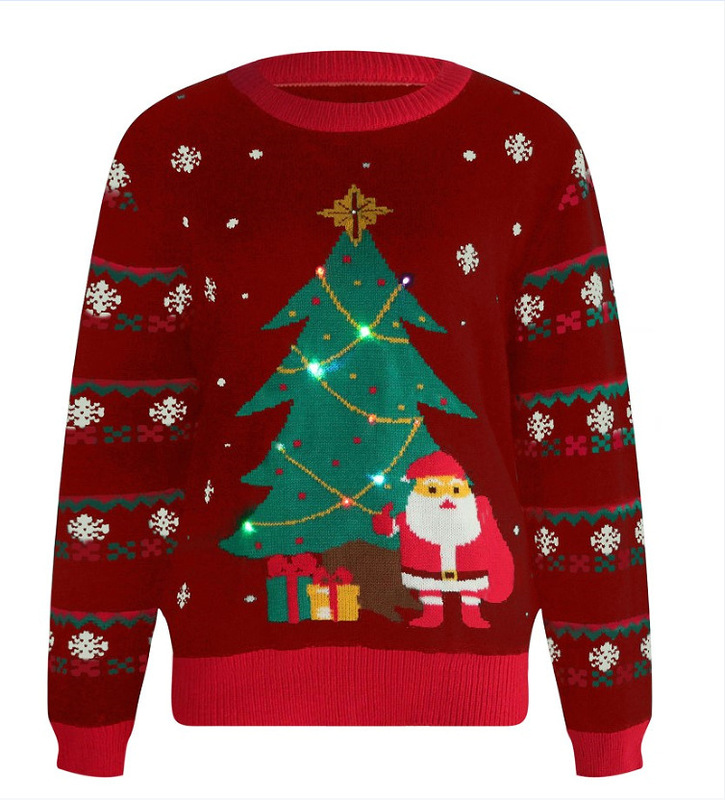 クロスボーダー新作クリスマスツリーニットセーター秋冬ゆったりポリエステル丸首クリエイティブLEDライト付きクリスマスセーター|undefined