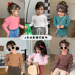 Korean children's clothing cotton pit strip puff sleeves white T-shirt children's clothing girls' tops 2023 autumn new Korean style style bottoming