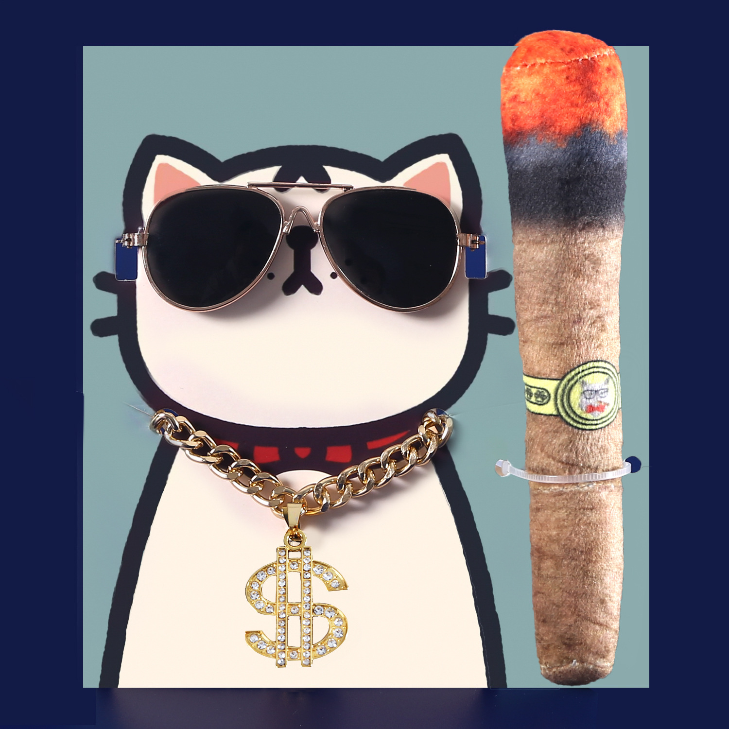 Comercio exterior mascotas dólar taladro colgante oro gafas de sol cigarro gato hierba juguetes emergentes gatos perros set hip hop