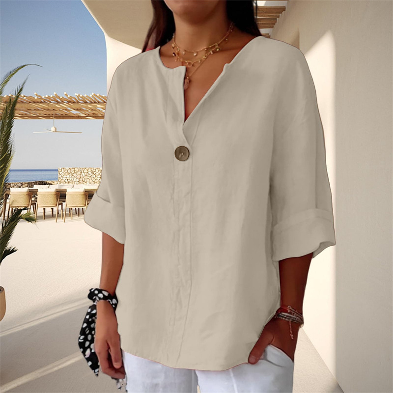 Women's Loose Fit V Neck 7/8 Sleeve Cotton Button Front Tunic Top – Casual Summer Blouse 2026_ecoleips.com
