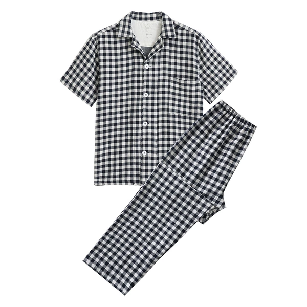 (Men) Double-layer gauze short-sleeved trousers navy blue plaid