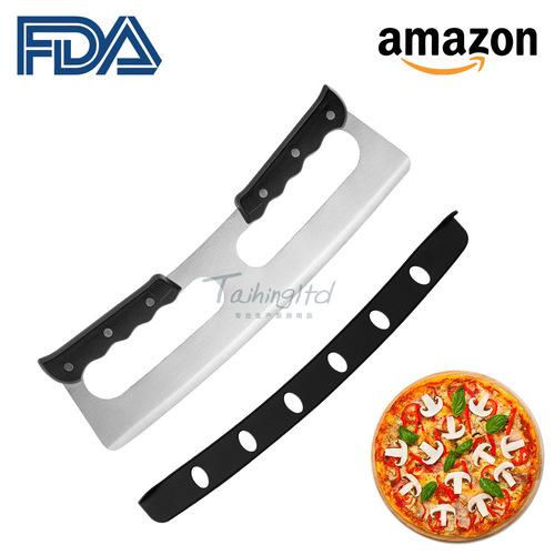 New upgraded pizza cutter stainless steel pizza machete double handle rocker nougat pancake cutter tool