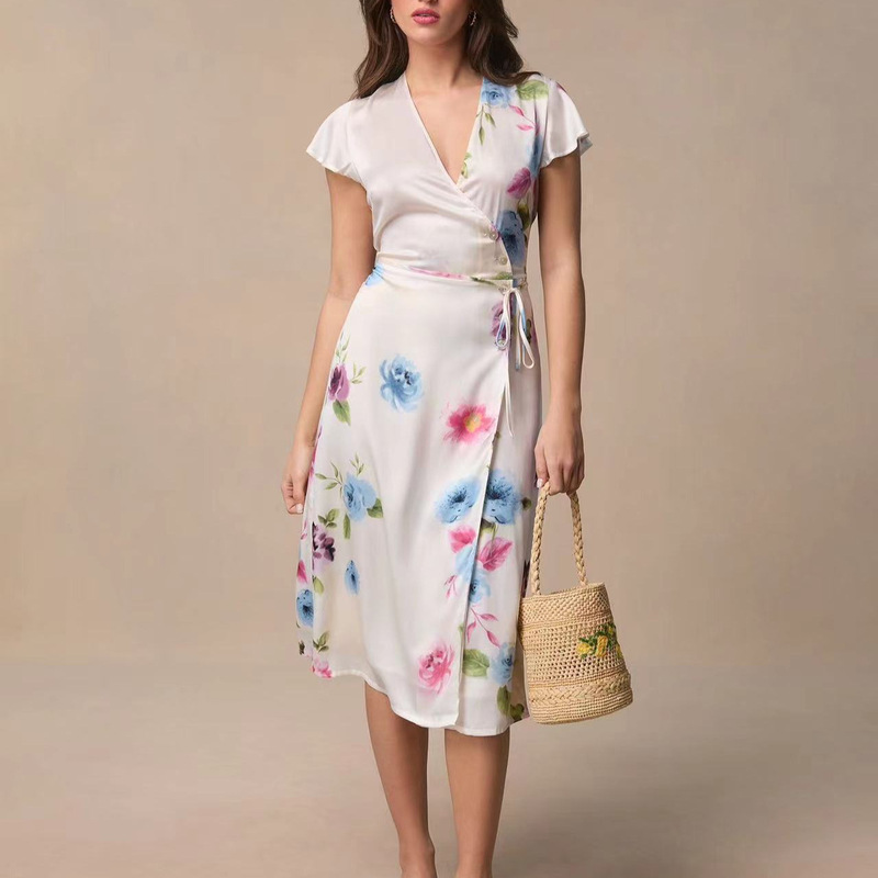 French-Style Long Dress, New Spring/Summer Collection, Rayon Floral Print, French-Style Wrap-Around Tie-Up Mid-Length Dress, Available for Dropshipping