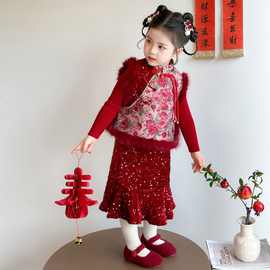 女童洋气加厚中式冬季拜年服套装中大童新年装冬装保暖国潮两件套