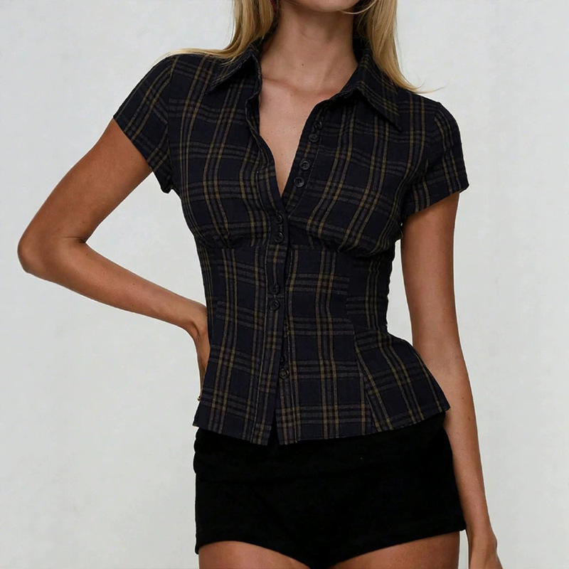 Ae236 Retro Plaid Waist-Cinching Shirt, Versatile for Work, Slimming and Elegant, Button-Down, Slim-Fit, Turn-Down Collar, Short-Sleeve Top for Women Ae236 Retro Plaid Waist-Cinching Shirt, Versatile for Work, Slimming and Elegant, Button-Down, Slim-Fit, Turn-Down Collar, Short-Sleeve Top for Women