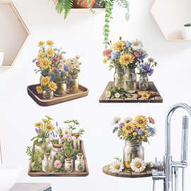 植物花瓶跨境小尺寸墙贴画玻璃浴室柜子美 化装饰贴纸画 66028
